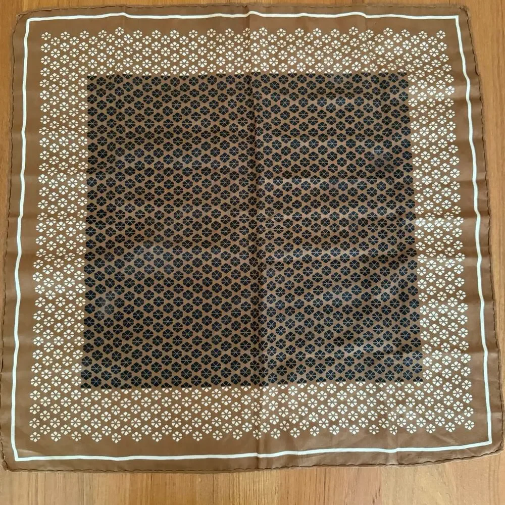 Vintage Brown Silk Scarf Geometric Floral Print Hand Rolled Quiet Luxury Preppy